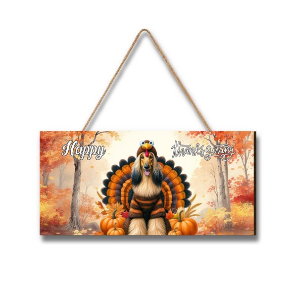 Happy Thanksgiving Afghan Hound Turkey Costume Pumpkins Autumn Leaves Landscape Wood Sign Dog Lover Hanging Wall Home Decor - 130144