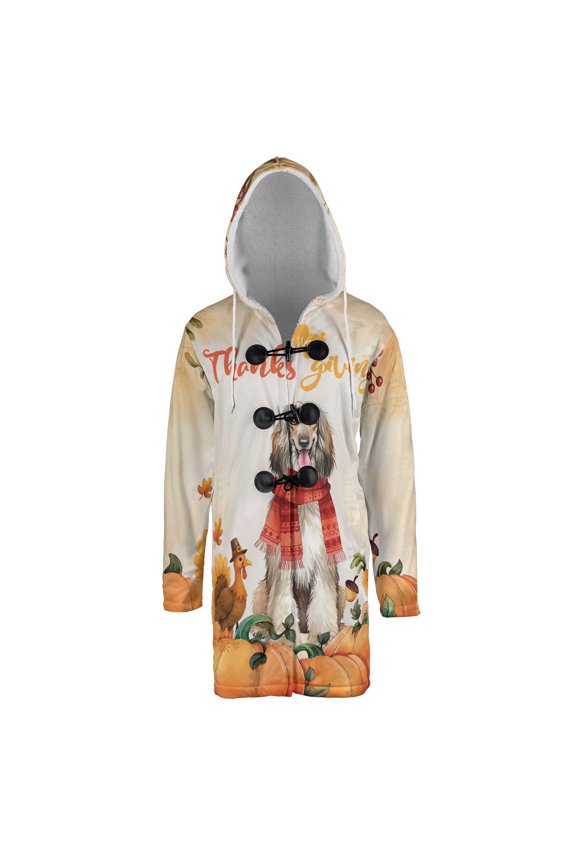 Happy Thanksgiving Afghan Hound with Turkey Pumpkins Autumn Vibes All Over Print 3D Hooded Duffle Toggle Coat Dog Lover - 12018