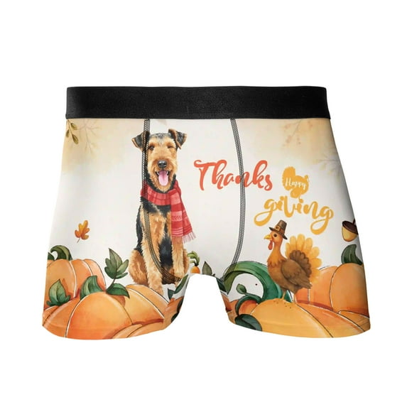 Happy Thanksgiving Airedale Terrier with Turkey Pumpkins Autumn Vibes All Over Print Boxer Briefs Underwear for Men Dad Dale Waterside Dog Lover - 12018