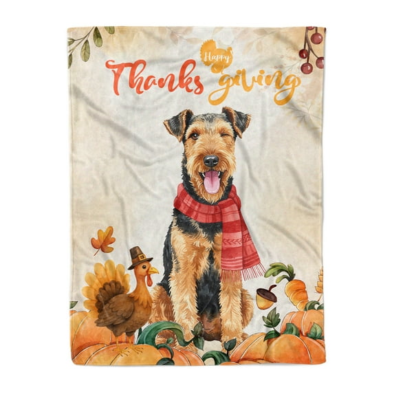 Happy Thanksgiving Airedale Terrier with Turkey Pumpkins Autumn Vibes Cozy Fleece Blanket Dale Waterside Dog Lover Warm Soft Throw Blanket - 12018