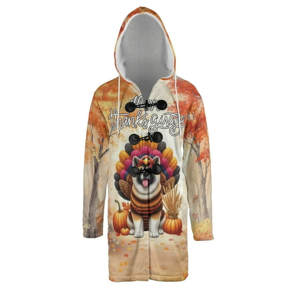 Happy Thanksgiving Akita Turkey Costume Pumpkins Autumn Leaves All Over Print 3D Hooded Duffle Toggle Coat Inu Dog Lover - 13014