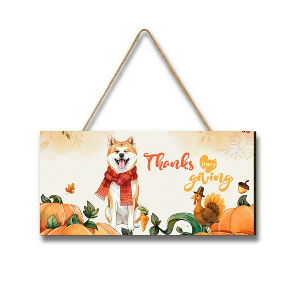 Happy Thanksgiving Akita with Turkey Pumpkins Autumn Vibes Landscape Wood Sign Inu Dog Lover Hanging Wall Home Decor - 12018