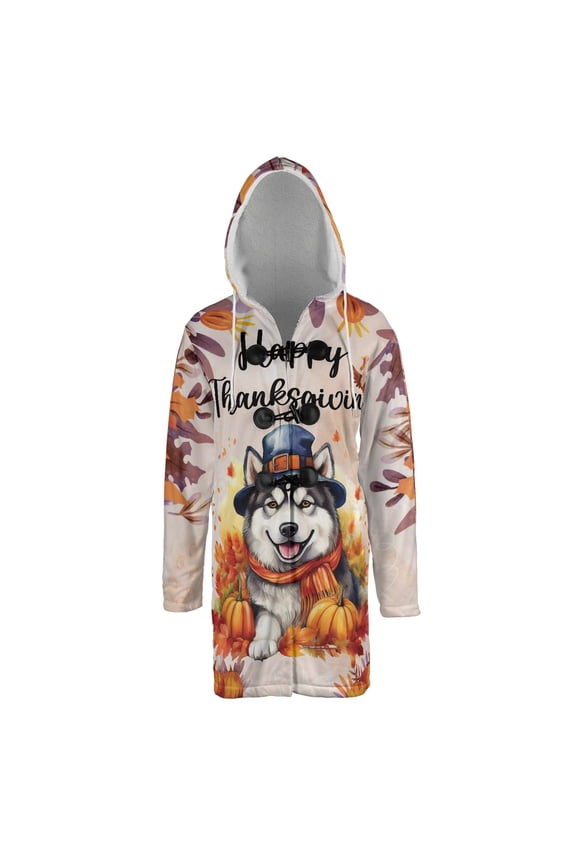 Happy Thanksgiving Alaskan Malamute Welcome Thankful Fall Autumn Pumpkin All Over Print 3D Hooded Duffle Toggle Coat Alaska Mal Dog Lovers Gifts - 02021