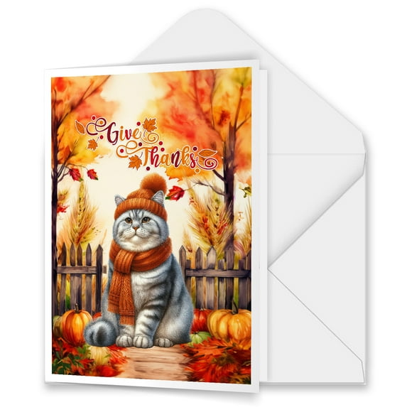 Happy Thanksgiving American Shorthair Give Thanks Fall Beanie Scarf Welcome 5x7in Folded Greeting Card Cat Lover Kitten Owner Gifts Single Note Card with Envelope - 00020