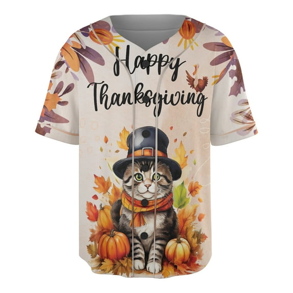 Happy Thanksgiving American Shorthair Welcome Thankful Fall Autumn Pumpkin All Over Print 3D Baseball Shirt Cat Lover Kitten Owner Gifts Softball Sport - 02021