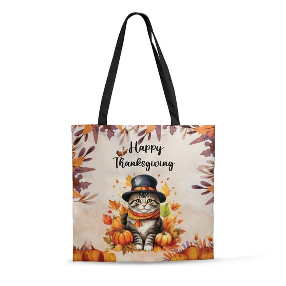 Happy Thanksgiving American Shorthair Welcome Thankful Fall Autumn Pumpkin All Over Print 3D Canvas Tote Bag Cat Lover Kitten Owner Gifts Reusable Handbag - 02021
