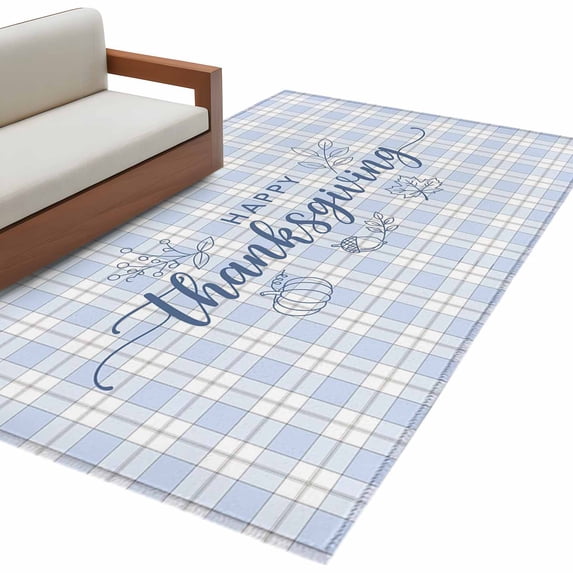 Happy Thanksgiving Area Rug 3x5 Washable Rug Non Slip Blue Plaid Fall Botanical Maple Leaf Large Area Rug Indoor Floor Carpet for Entryway Bedroom Kitchen Living Room Home Office Dining Room Nursery