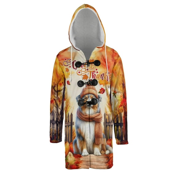 Happy Thanksgiving Australian Shepherd Give Thanks Fall Beanie Scarf Welcome All Over Print 3D Hooded Duffle Toggle Coat Aussie Dog Lover Gifts - 00020