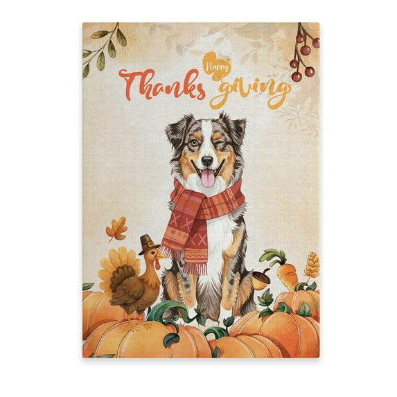 Happy Thanksgiving Australian Shepherd with Turkey Pumpkins Autumn Vibes Vertical Matte Canvas Poster Aussie Dog Lover Gifts Wall Art Home Decor - 12018