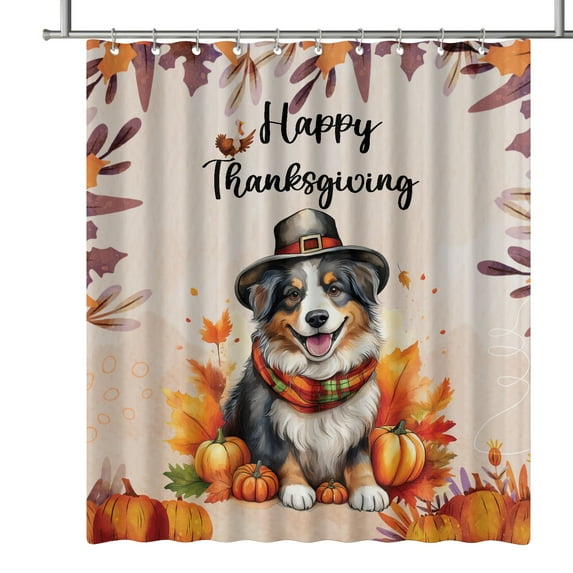 Happy Thanksgiving Australian Shepherd Welcome Thankful Fall Autumn Pumpkin Shower Curtain Aussie Dog Lover Gifts Waterproof Bathroom Bathtub Curtain - 02021