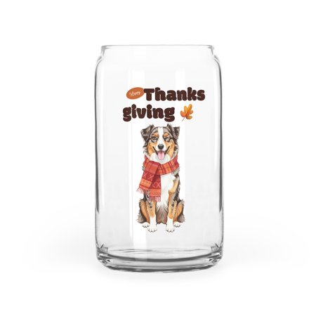 Happy Thanksgiving Australian Shepherd with Turkey Pumpkins Autumn Vibes 16oz Glass Cup Mug Aussie Dog Lover Gifts Glass Can - 12018