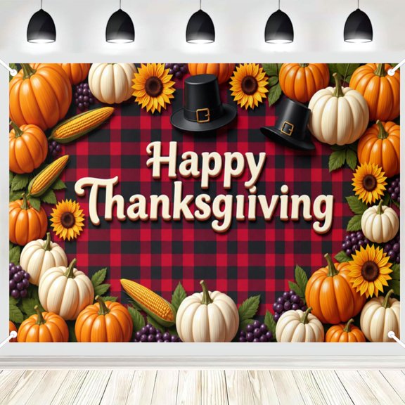 Happy Thanksgiving Backdrop Buffalo Plaid Pumpkin Sunflower Polyester Banner for Fall Thanksgiving Family Dinner Party Photography Background 5x3ft
