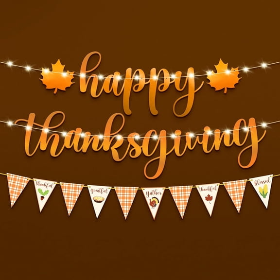 , Happy Thanksgiving Banner with LED Light - 10 Feet, No DIY | Lighted Decorations Indoor, Outdoor, Fall Maple Leaf Garland for Harvest Turkey Decor, Wall Decoration