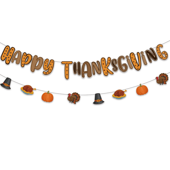 Happy Thanksgiving Banner Set, 2 Piece Garland Decoration, Turkey Pumpkin Pilgrim Hat Design