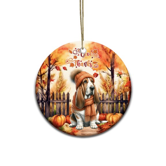 Happy Thanksgiving Basset Hound Give Thanks Fall Beanie Scarf Welcome Ceramic Round Ornament Bassets Dog Breed Lovers Gifts Idea Home Tree Decor - 00020