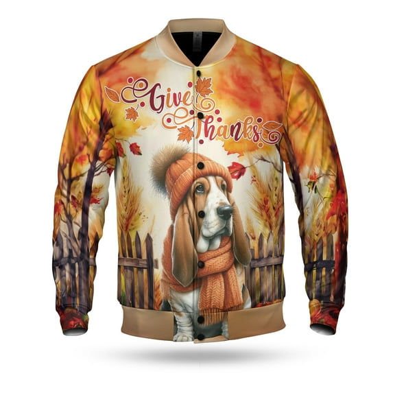 Happy Thanksgiving Basset Hound Give Thanks Fall Beanie Scarf Welcome All Over Print 3D Baseball Jacket Bassets Dog Breed Lovers Gifts Idea Bomber Jacket Softball - 00020