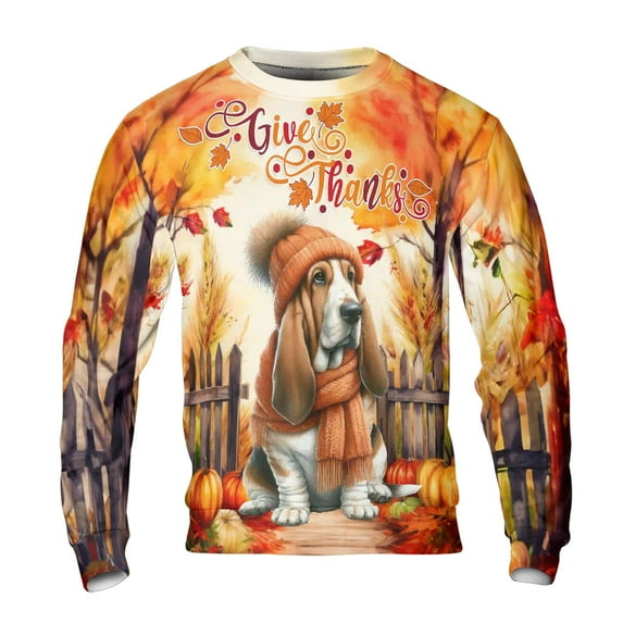 Happy Thanksgiving Basset Hound Give Thanks Fall Beanie Scarf Welcome All Over Print 3D Sweatshirt Unisex Merch Bassets Dog Breed Lovers Gifts Idea - 00020