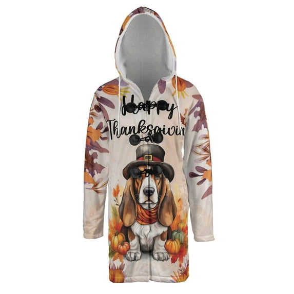 Happy Thanksgiving Basset Hound Welcome Thankful Fall Autumn Pumpkin All Over Print 3D Hooded Duffle Toggle Coat Bassets Dog Breed Lovers Gifts Idea - 02021