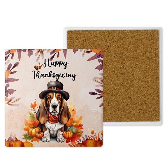 Happy Thanksgiving Basset Hound Welcome Thankful Fall Autumn Pumpkin Set of 4 Stone Coasters Bassets Dog Breed Lovers Gifts Idea 4x4in Absorbent Soapstone Coaster - 02021
