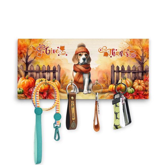Happy Thanksgiving Beagle Give Thanks Fall Beanie Scarf Welcome Wood Key Holder Beagles Dog Lover Gifts Idea Wall-mounted Key Rack Home Decor - 00020