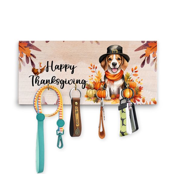 Happy Thanksgiving Beagle Welcome Thankful Fall Autumn Pumpkin Wood Key Holder Beagles Dog Lover Gifts Idea Wall-mounted Key Rack Home Decor - 02021