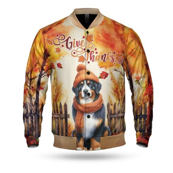 Happy Thanksgiving Bernese Mountain Dog Give Thanks Fall Beanie Scarf Welcome All Over Print 3D Baseball Jacket Berner Lover Gifts Bomber Jacket Softball - 00020