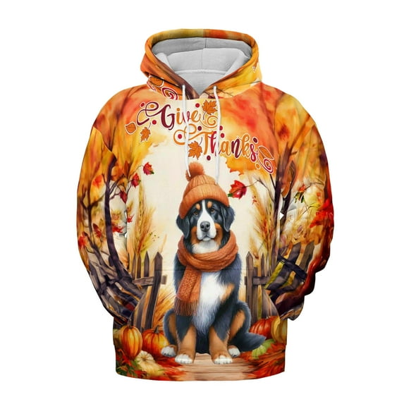 Happy Thanksgiving Bernese Mountain Dog Give Thanks Fall Beanie Scarf Welcome All Over Print 3D Hoodie Unisex Merch Hoodies Berner Lover Gifts - 00020