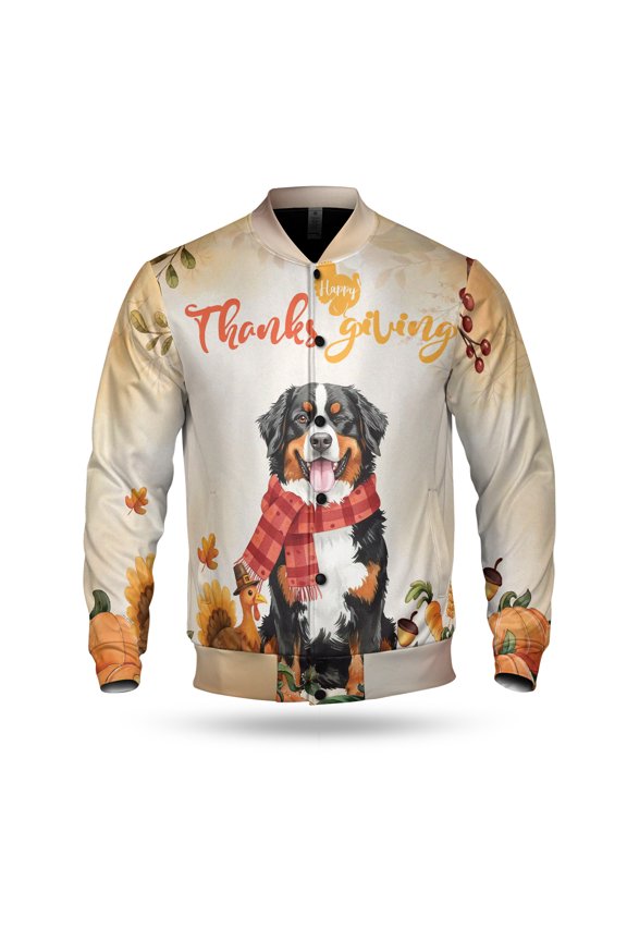 Happy Thanksgiving Bernese Mountain Dog with Turkey Pumpkins Autumn Vibes All Over Print 3D Baseball Jacket Berner Lover Gifts Bomber Jacket Softball - 12018