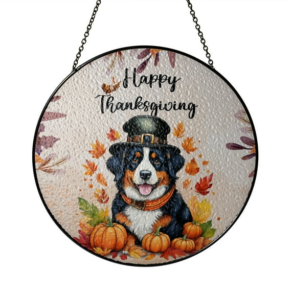 Happy Thanksgiving Bernese Mountain Dog Welcome Thankful Fall Autumn Pumpkin Stained Glass Suncatcher Berner Lover Gifts Window Hanging Sign Decor - 02021