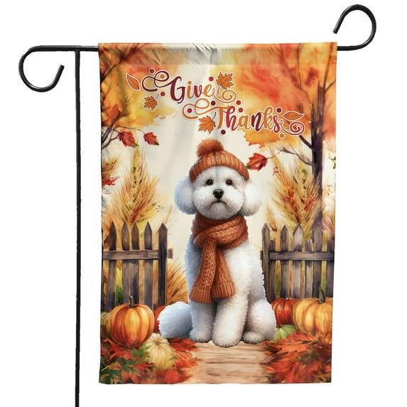 Happy Thanksgiving Bichon Frise Give Thanks Fall Beanie Scarf Welcome Garden Flag 12x18in Double Sided Bichons Dog Lovers Gifts Idea Outdoor Decor - 00020