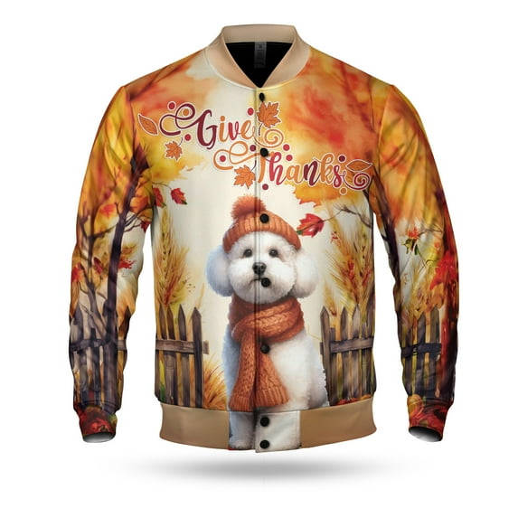 Happy Thanksgiving Bichon Frise Give Thanks Fall Beanie Scarf Welcome All Over Print 3D Baseball Jacket Bichons Dog Lovers Gifts Idea Bomber Jacket Softball - 00020