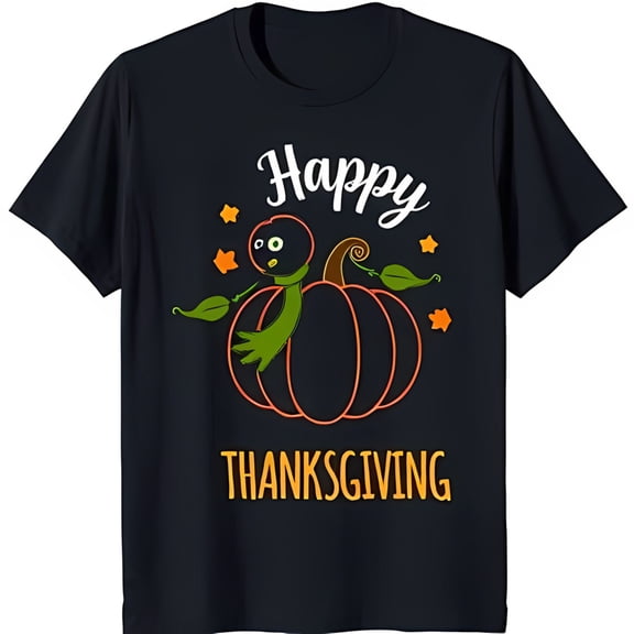 Happy Thanksgiving Black T-Shirt with Cartoon Turkey in Pumpkin Design