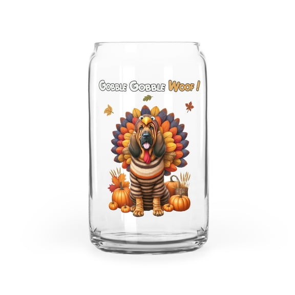 Happy Thanksgiving Bloodhound Turkey Costume Pumpkins Autumn Leaves 16oz Glass Cup Mug Dog Lover Glass Can - 130144