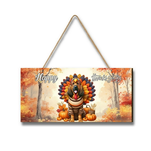 Happy Thanksgiving Bloodhound Turkey Costume Pumpkins Autumn Leaves Landscape Wood Sign Dog Lover Hanging Wall Home Decor - 130144