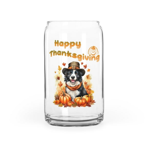 Happy Thanksgiving Border Collie Welcome Thankful Fall Autumn Pumpkin 16oz Glass Cup Mug Borders Dog Lovers Gifts Idea Glass Can - 02021