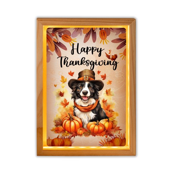 Happy Thanksgiving Border Collie Welcome Thankful Fall Autumn Pumpkin Acrylic Plaque with Wood Photo Frame Box Borders Dog Lovers Gifts Idea Light Box - 02021
