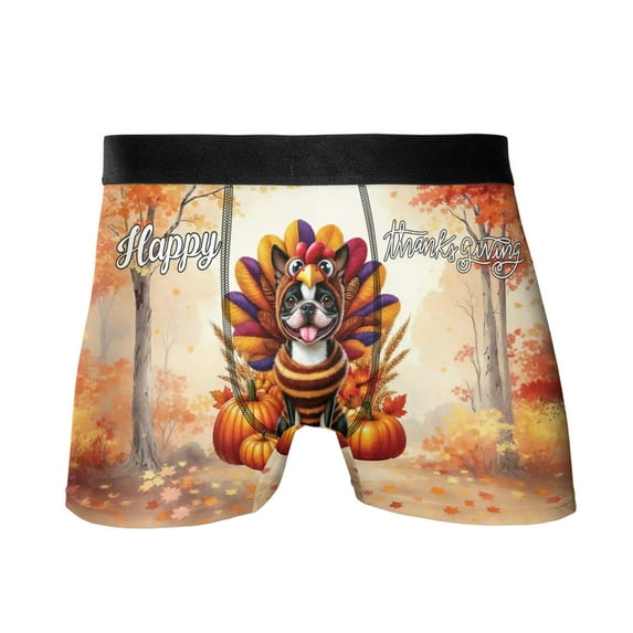 Happy Thanksgiving Boston Terrier Turkey Costume Pumpkins Autumn Leaves All Over Print Boxer Briefs Underwear for Men Dad Gentleman Dog Lover Gifts - 13014