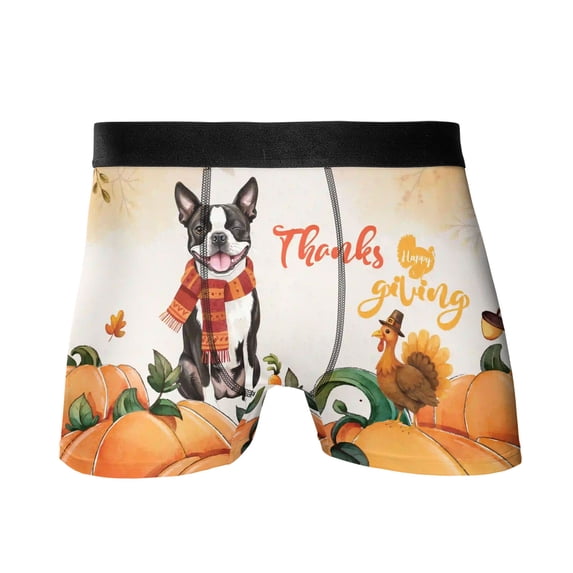 Happy Thanksgiving Boston Terrier with Turkey Pumpkins Autumn Vibes All Over Print Boxer Briefs Underwear for Men Dad Gentleman Dog Lover Gifts - 12018