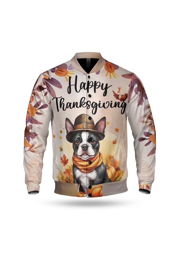 Happy Thanksgiving Boston Terrier Welcome Thankful Fall Autumn Pumpkin All Over Print 3D Baseball Jacket Gentleman Dog Lover Gifts Bomber Jacket Softball - 02021