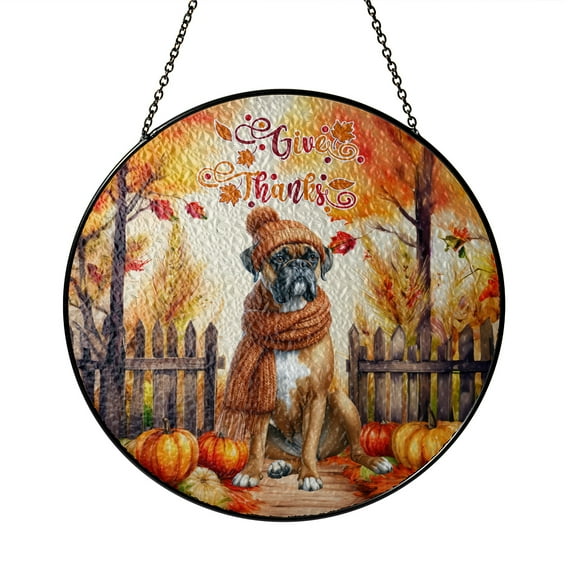 Happy Thanksgiving Boxer Give Thanks Fall Beanie Scarf Welcome Stained Glass Suncatcher Boxers Dog Lover Gifts Idea Window Hanging Sign Decor - 00020