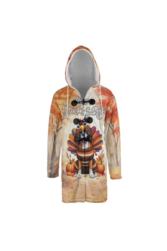 Happy Thanksgiving Boxer Turkey Costume Pumpkins Autumn Leaves All Over Print 3D Hooded Duffle Toggle Coat Boxers Dog Lover Gifts Idea - 13014