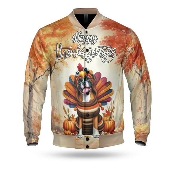 Happy Thanksgiving Boxer Turkey Costume Pumpkins Autumn Leaves All Over Print 3D Baseball Jacket Boxers Dog Lover Gifts Idea Bomber Jacket Softball - 13014