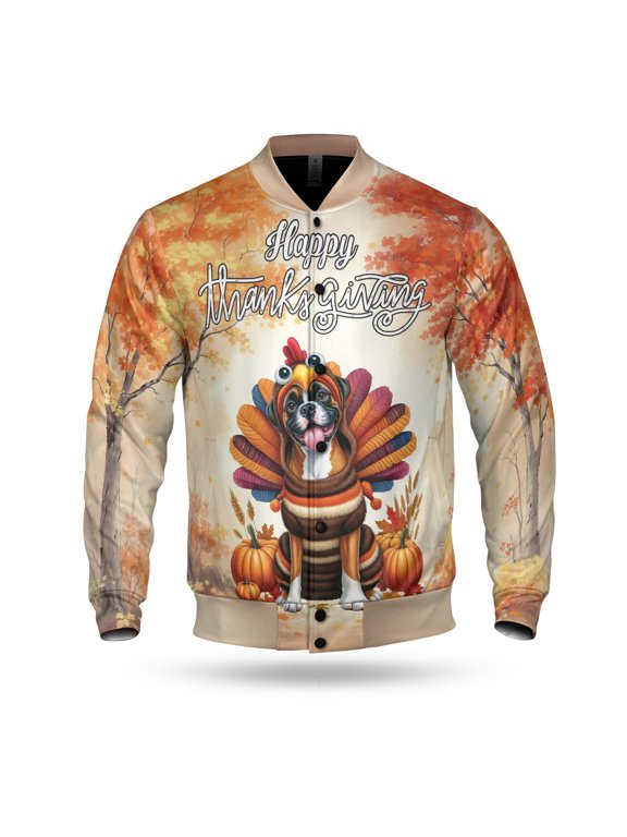 Happy Thanksgiving Boxer Turkey Costume Pumpkins Autumn Leaves All Over Print 3D Baseball Jacket Boxers Dog Lover Gifts Idea Bomber Jacket Softball - 13014