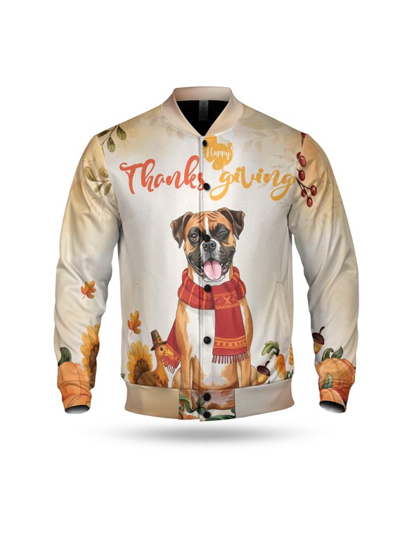Happy Thanksgiving Boxer with Turkey Pumpkins Autumn Vibes All Over Print 3D Baseball Jacket Boxers Dog Lover Gifts Idea Bomber Jacket Softball - 12018