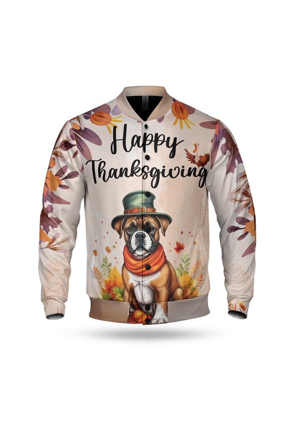 Happy Thanksgiving Boxer Welcome Thankful Fall Autumn Pumpkin All Over Print 3D Baseball Jacket Boxers Dog Lover Gifts Idea Bomber Jacket Softball - 02021