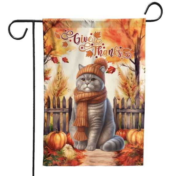 Happy Thanksgiving British Shorthair Give Thanks Fall Beanie Scarf Welcome Garden Flag 12x18in Double Sided Cat Lover Kitten Owner Gifts Outdoor Decor - 00020
