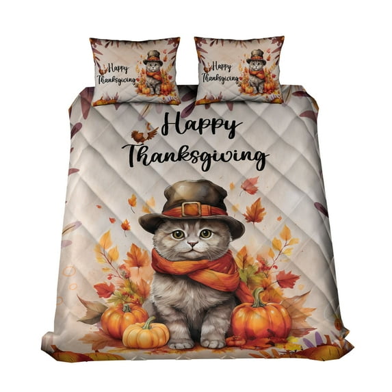 Happy Thanksgiving British Shorthair Welcome Thankful Fall Autumn Pumpkin Quilt Bedding Set Cat Lover Kitten Owner Gifts 1 Blanket Bed Cover 2 Pillowcases - 02021
