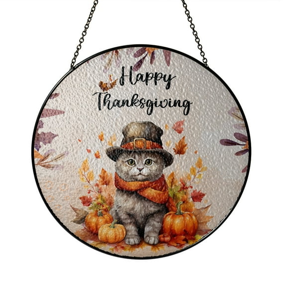 Happy Thanksgiving British Shorthair Welcome Thankful Fall Autumn Pumpkin Stained Glass Suncatcher Cat Lover Kitten Owner Gifts Window Hanging Sign Decor - 02021