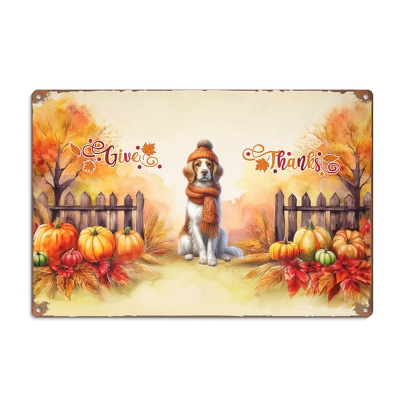 Happy Thanksgiving Brittany Spaniel Give Thanks Fall Beanie Scarf Welcome Horizontal Metal Aluminum Sign Brittany Dog Lover Gifts Idea Wall Art Home Decor - 00020