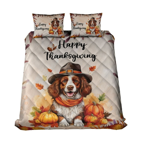 Happy Thanksgiving Brittany Spaniel Welcome Thankful Fall Autumn Pumpkin Quilt Bedding Set Brittany Dog Lover Gifts Idea 1 Blanket Bed Cover 2 Pillowcases - 02021